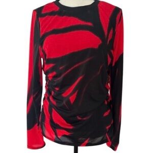 DKNY Abstract Print Ruched Shirt Mesh Long Sleeve Sheer Black Red Medium Top